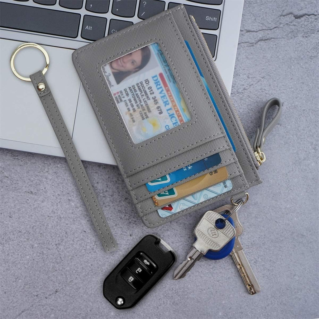 Women Slim RFID Card Case Holder Wristlet Zip ID Case Wallet Small Leather Wallet Coin Purse with Keychain