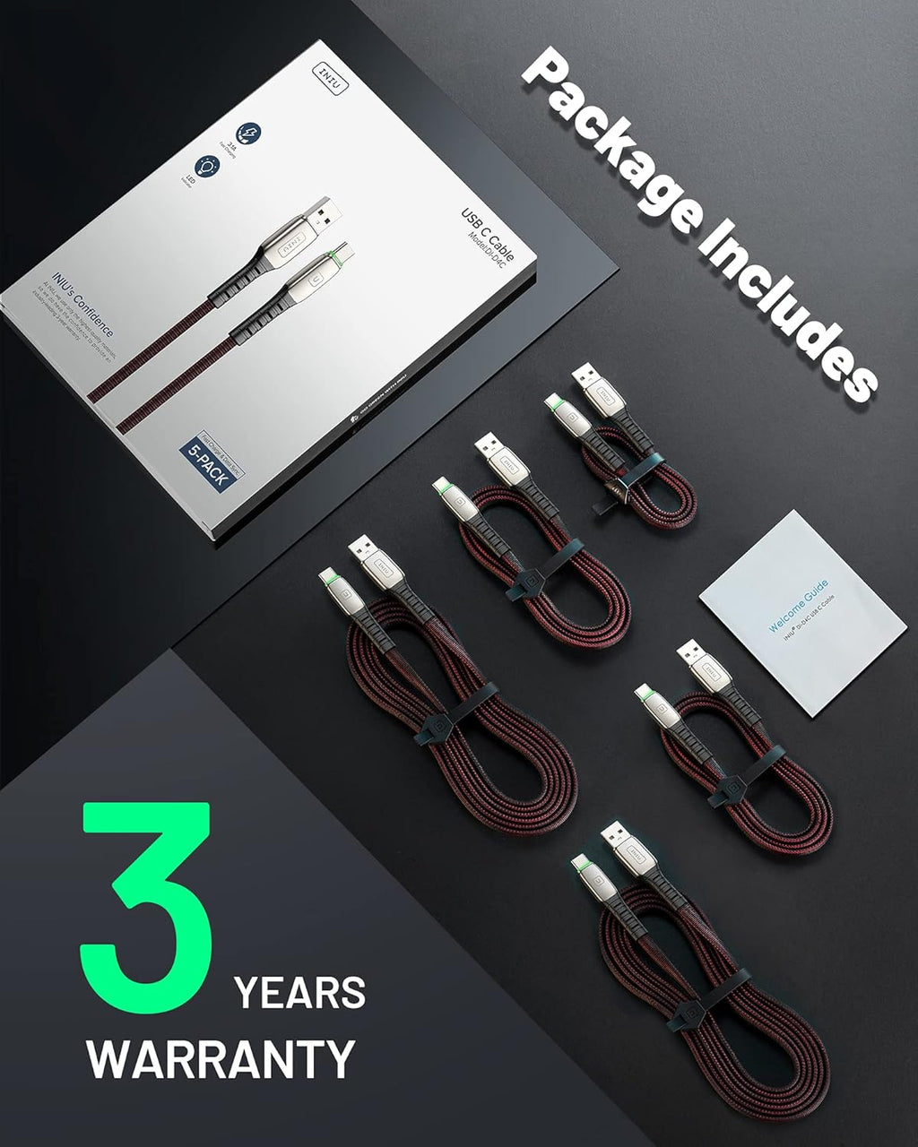 USB Type-C Cable Set, 5-Pack (3.1A) Quick Charge QC3.0 Fast Charging Cables (1.6ft, 3.3ft, 3.3ft, 6.6ft, 6.6ft) Durable Nylon for Samsung Galaxy S20, S10, S9, S8 Plus, Note 10, 9, LG, Google Pixel and More