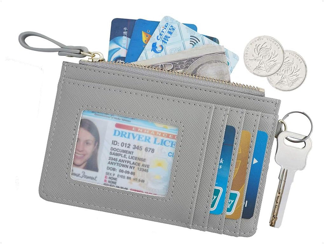 Women Slim RFID Card Case Holder Wristlet Zip ID Case Wallet Small Leather Wallet Coin Purse with Keychain