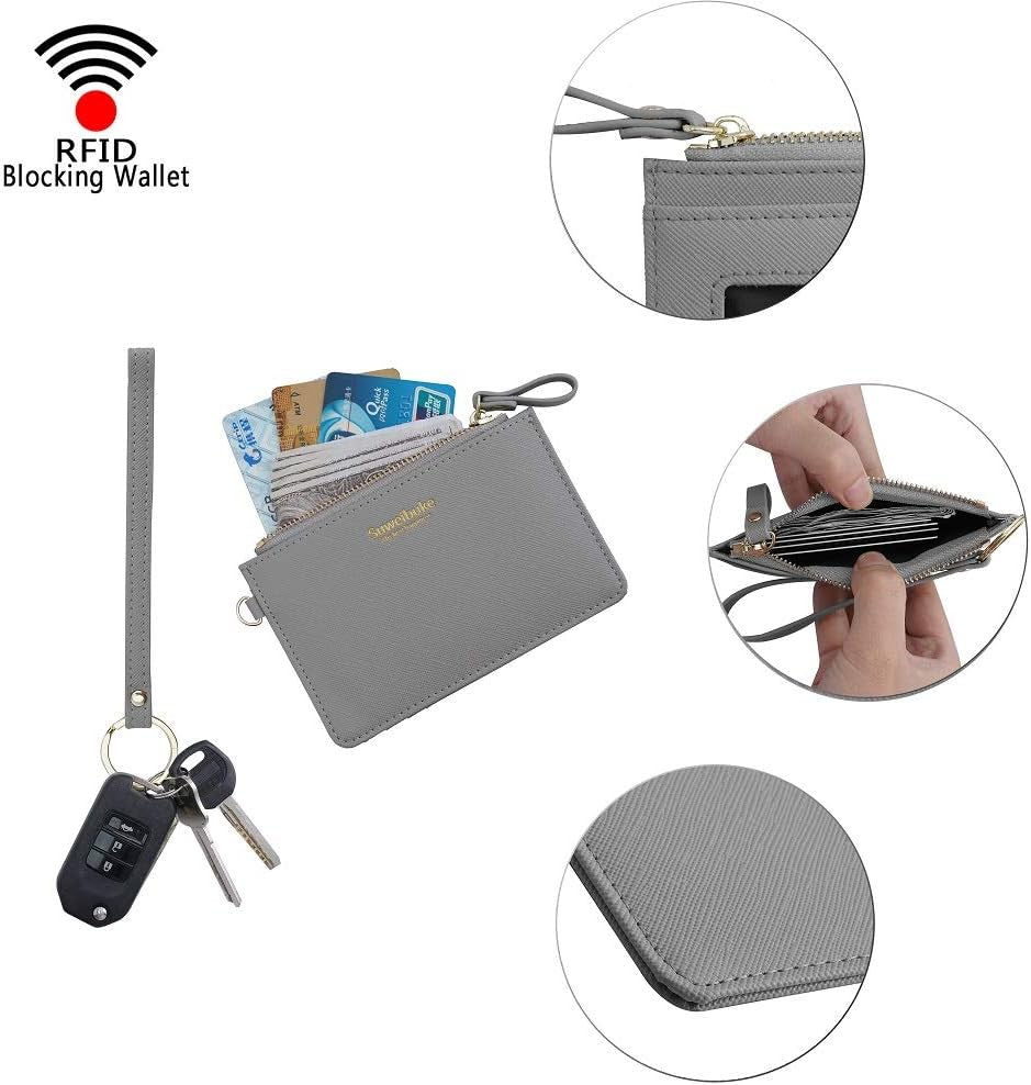 Women Slim RFID Card Case Holder Wristlet Zip ID Case Wallet Small Leather Wallet Coin Purse with Keychain