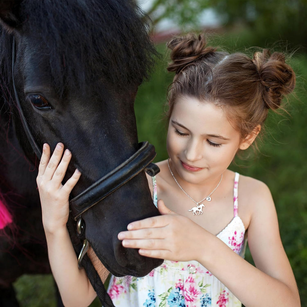 Easter Gifts for Kids Toddlers Teens - Easter Basket Stuffers Horse Necklace Gifts for Girls Horse Jewelry Necklaces Heart Initial Necklace Personalized Birthday Gift for Kids Teen Girl Women